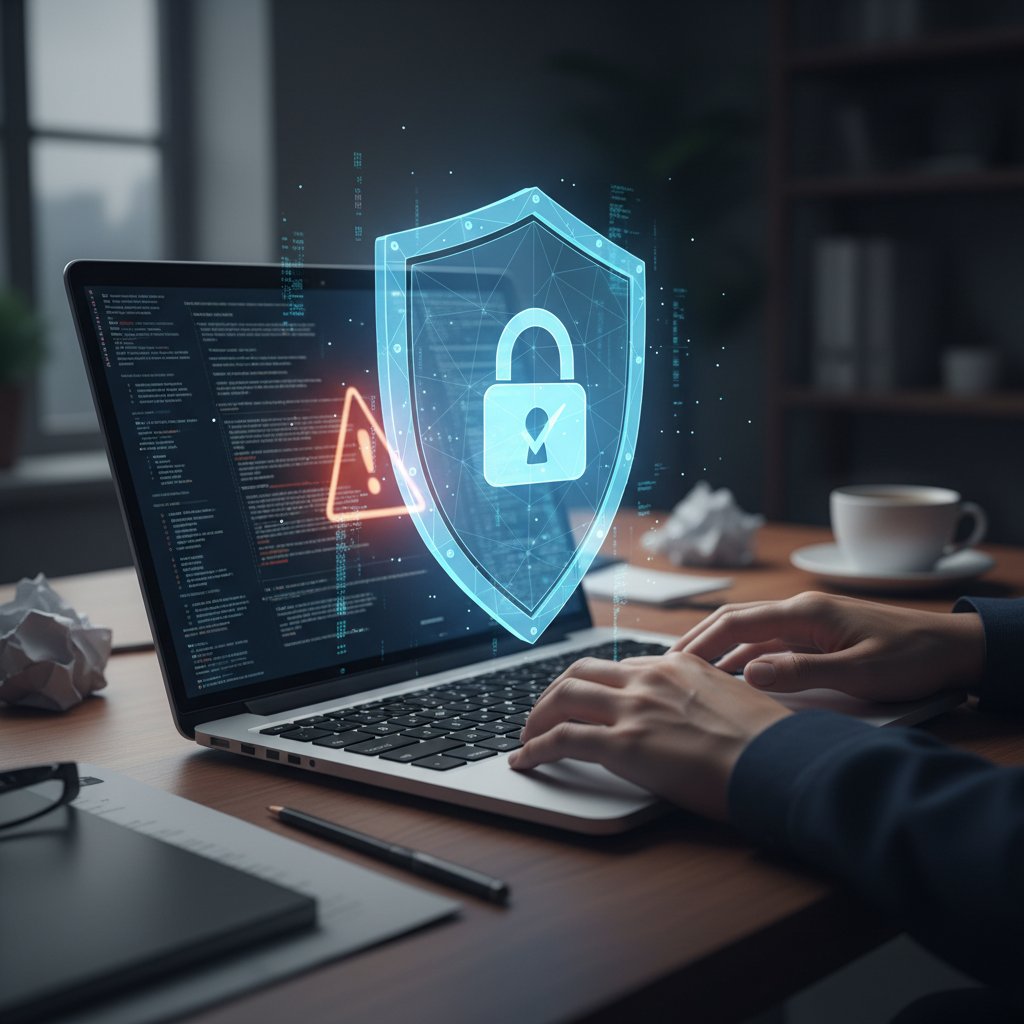 Symboliczna tarcza bezpieczeństwa na laptopie, ostrożny nastrój
