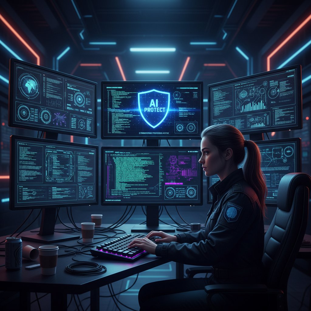 Specjalista bezpieczeństwa IT monitorujący zabezpieczenia AI na kilku ekranach