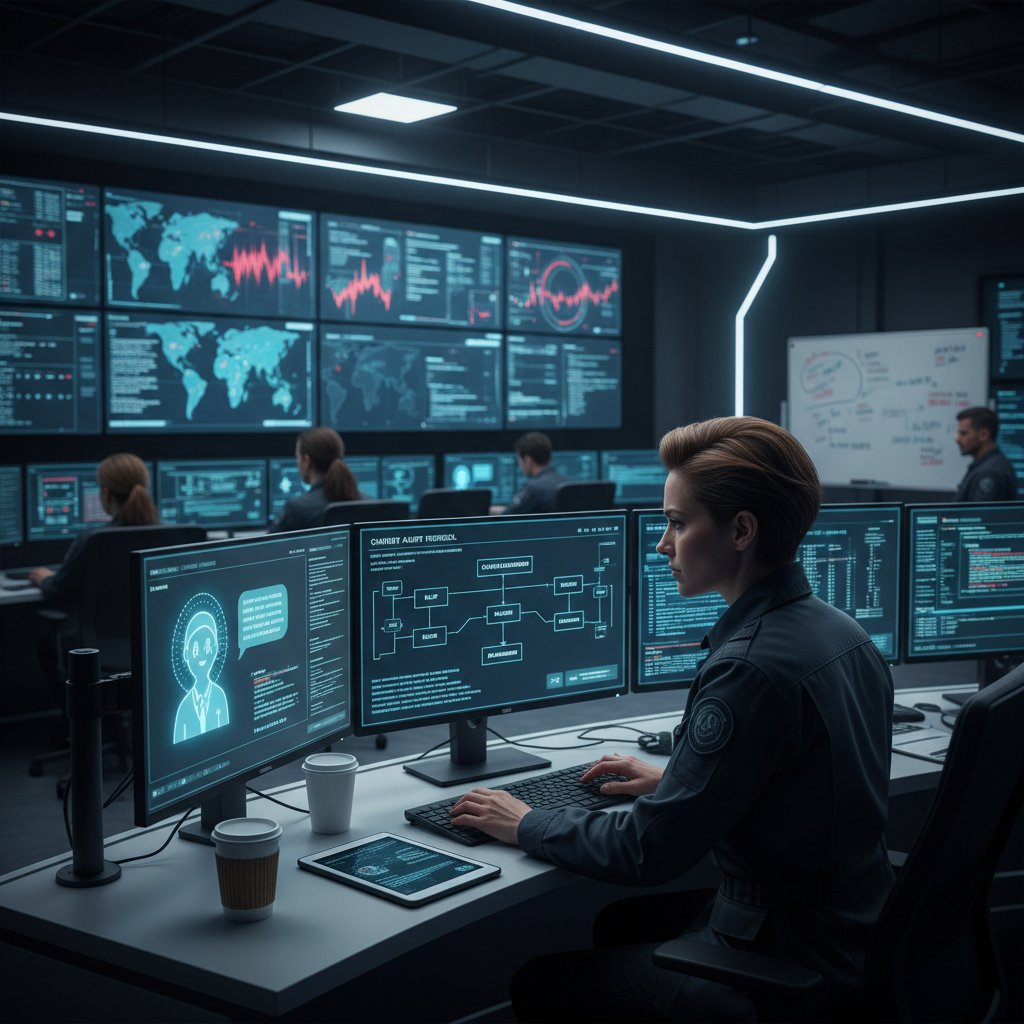 Specjalista ds. bezpieczeństwa IT prowadzi audyt chatbota w nowoczesnym centrum operacyjnym