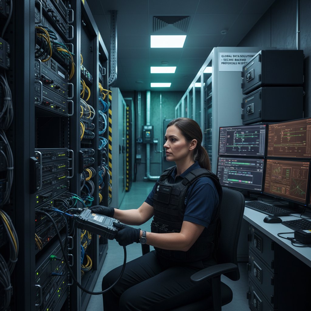 Ekspert ds. bezpieczeństwa sprawdzający ustawienia backupu danych w małej firmie – ochrona danych i analityka