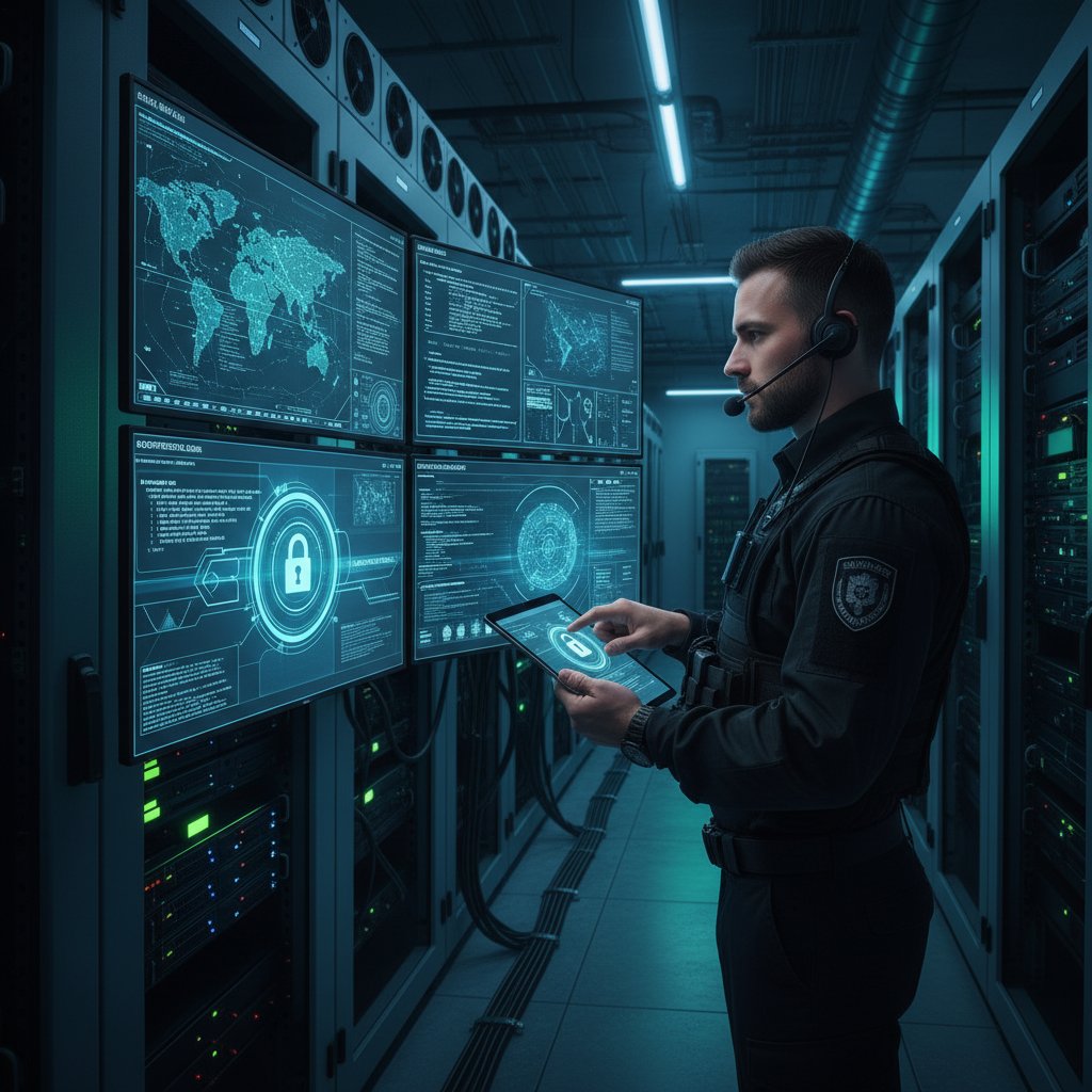 Specjalista ds. bezpieczeństwa kontrolujący zabezpieczenia danych w centrum danych