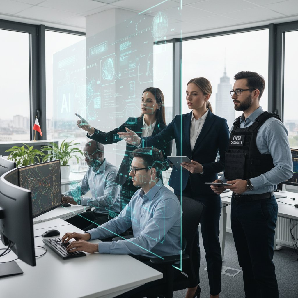 Zespół specjalistów ds. bezpieczeństwa AI pracujący przy komputerach w nowoczesnym polskim biurze