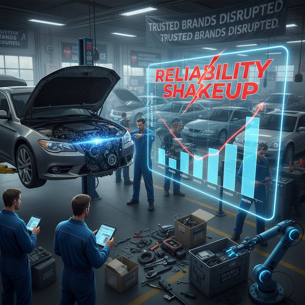 Sedan in repair shop indicating reliability shakeup in 2025
