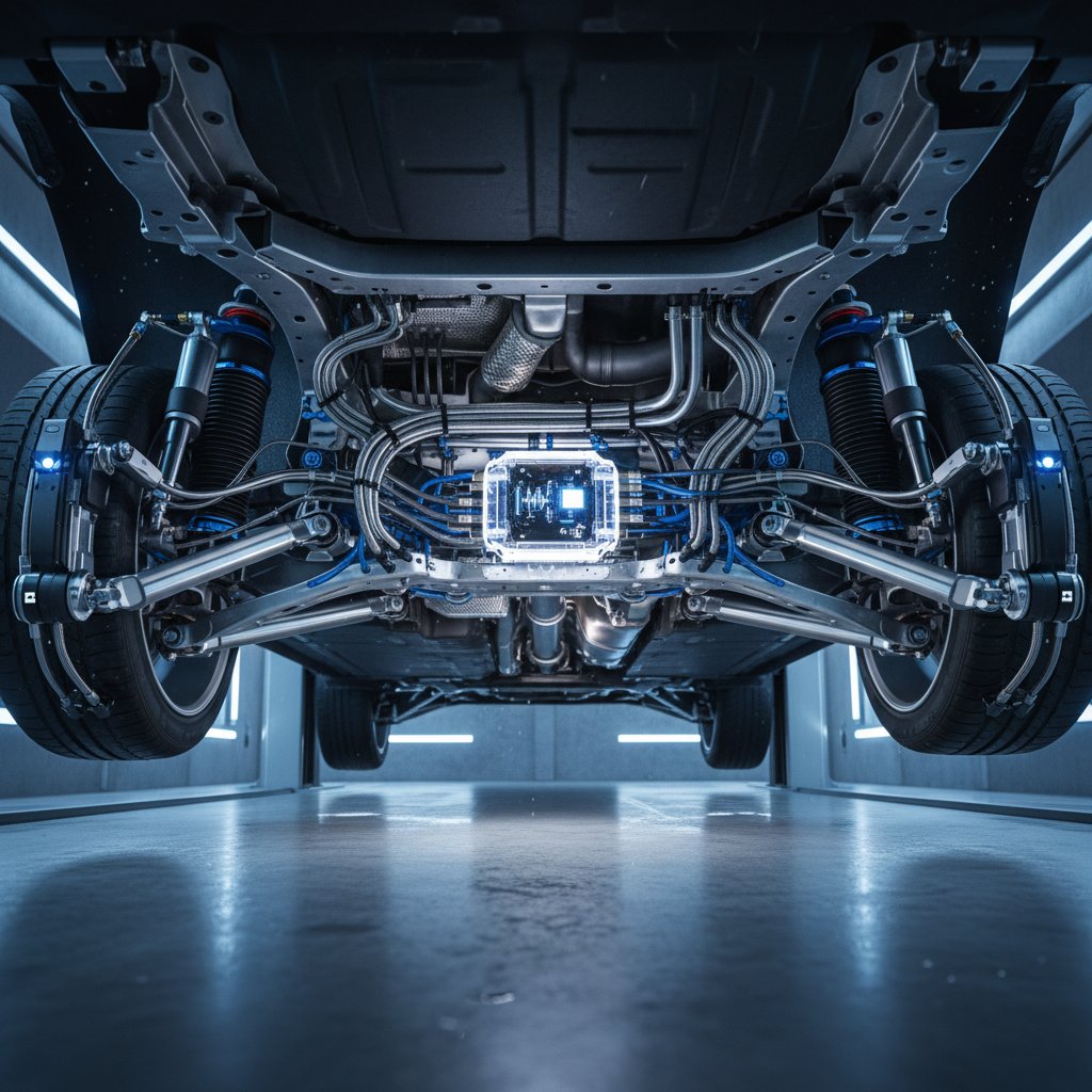 Animated cutaway of sedan suspension system in action, dynamic motion, 16:9