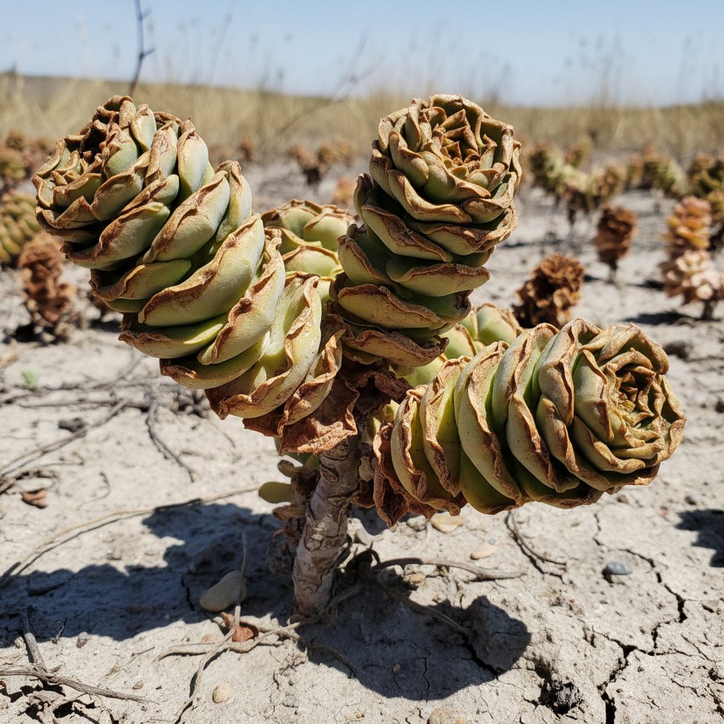 Zbliżenie na liście rozchodnika zwinięte w rurkę podczas upału