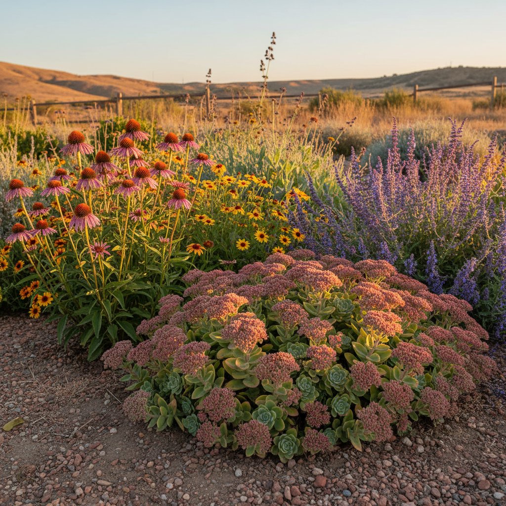Rabata z rozchodnikami i jeżówkami w pełnym słońcu