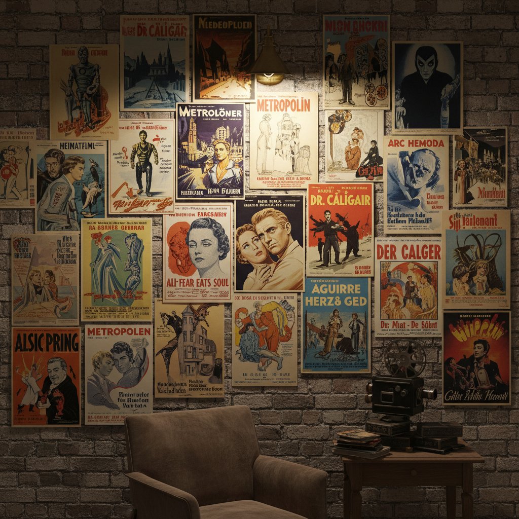 Young viewer selecting a German film on streaming service, thoughtful expression, movie posters on wall