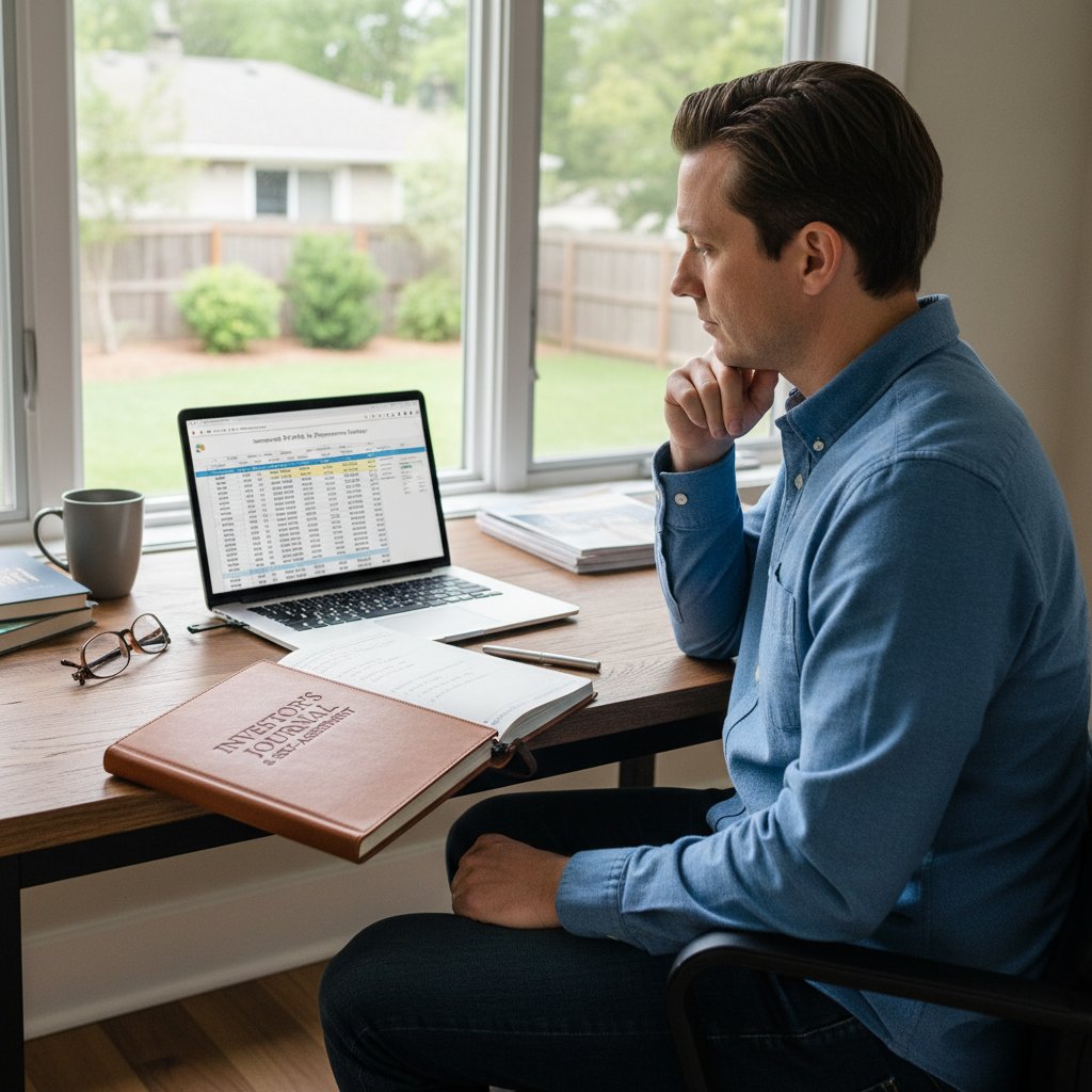 Inwestor analizujący własne decyzje, notatnik, laptop, analiza w domowym biurze
