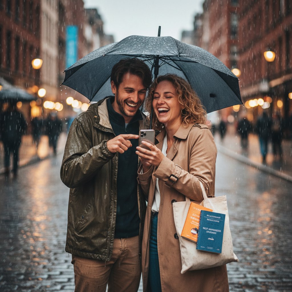 A couple laughs together in a rain-soaked city street, umbrella discarded, totally present with each other