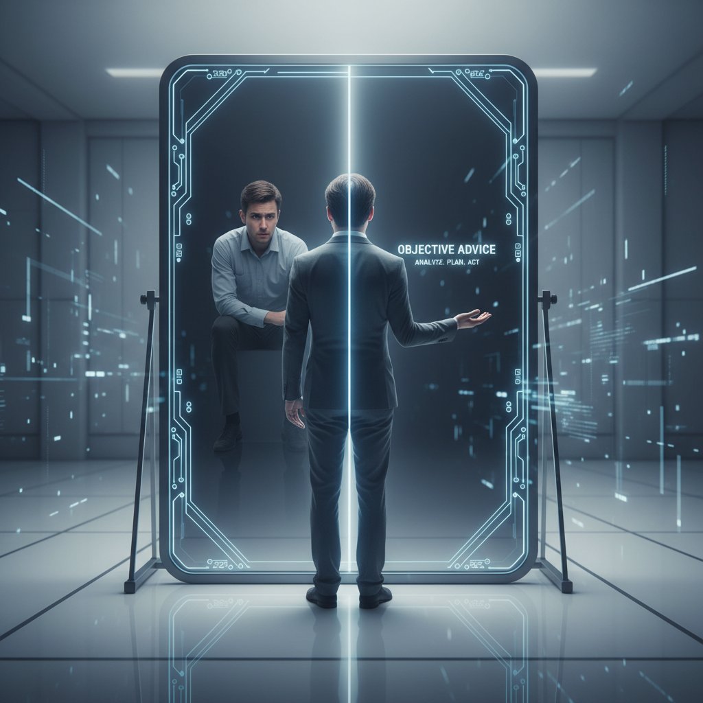 A person facing their reflection, laptop screen glowing, symbolizing self-confrontation through digital advice