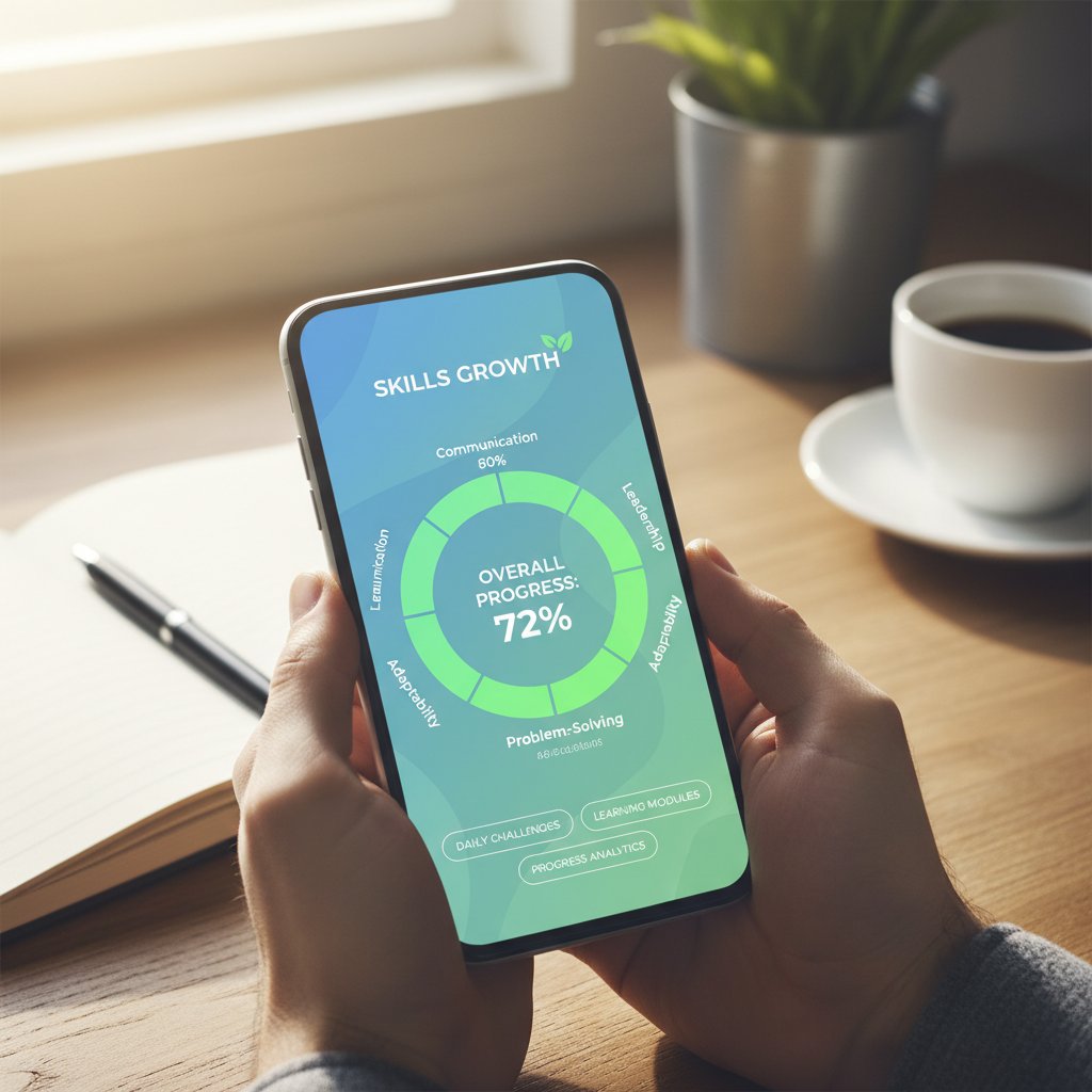 Zdjęcie osoby analizującej postępy w rozwoju umiejętności miękkich za pomocą aplikacji mobilnej