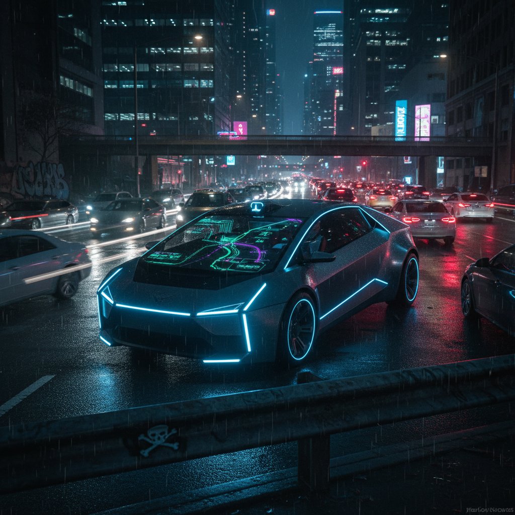 Self-driving car in city traffic at night, edgy urban atmosphere reflecting current tech limits in car buying decisions
