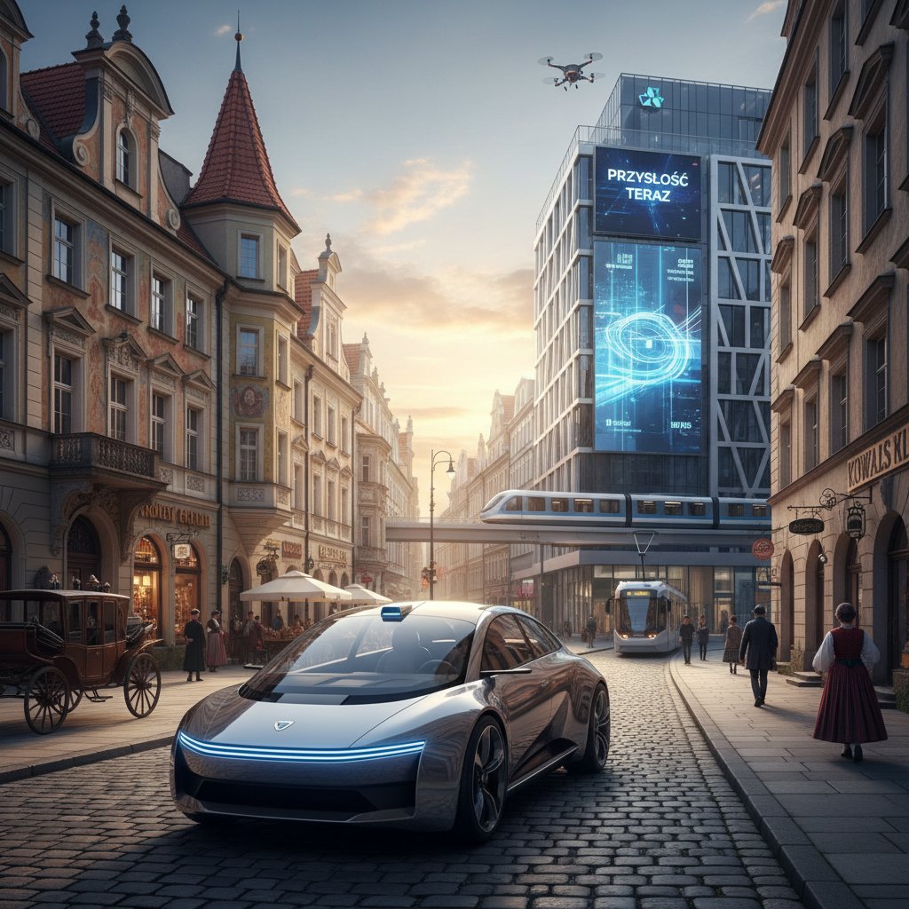 Samochód autonomiczny na polskiej ulicy, zderzenie nowoczesności z tradycyjnym ruchem miejskim