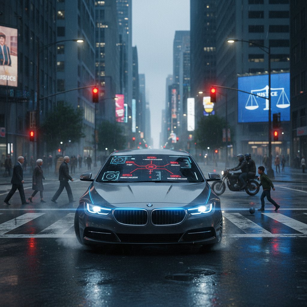 Samochód autonomiczny na ruchliwej ulicy, symbolizujący dylematy etyczne AI
