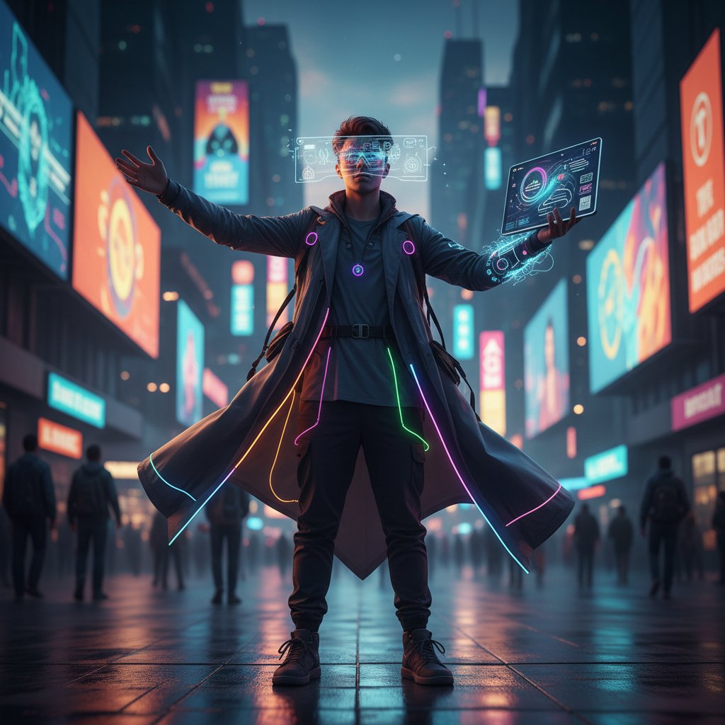 Symboliczna fotografia wyrażająca autentyczność: osoba łączy nowoczesne technologie z własnym stylem, moda i wyrażanie siebie