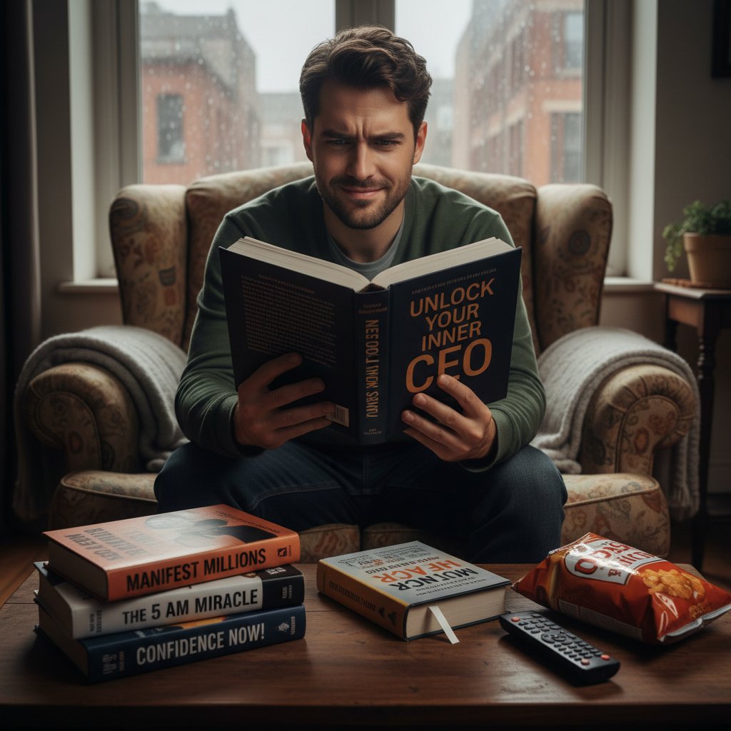 Osoba czytająca poradnik, wyraźnie sceptyczna, w tle półka z książkami o rozwoju osobistym