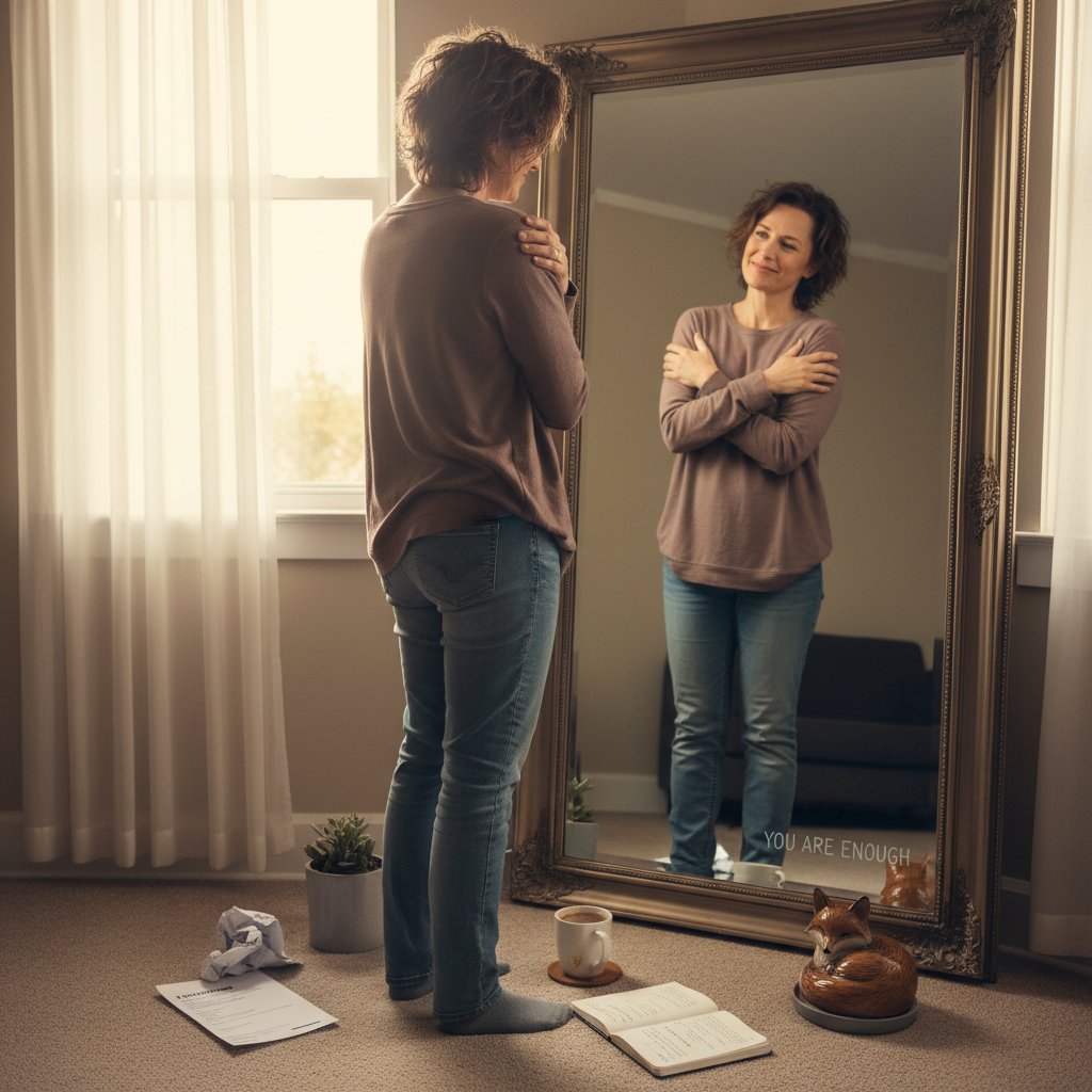 Osoba obejmująca siebie przed lustrem – symbol wsparcia, samowspółczucie i odporność psychiczna