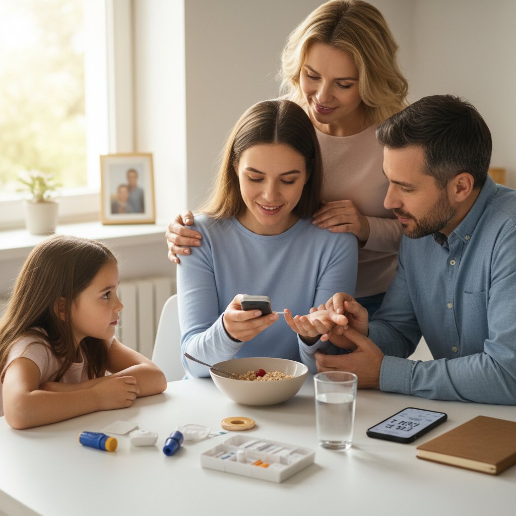 Pacjent samodzielnie mierzy poziom cukru, rozmawia z bliską osobą o zaleceniach lekarza