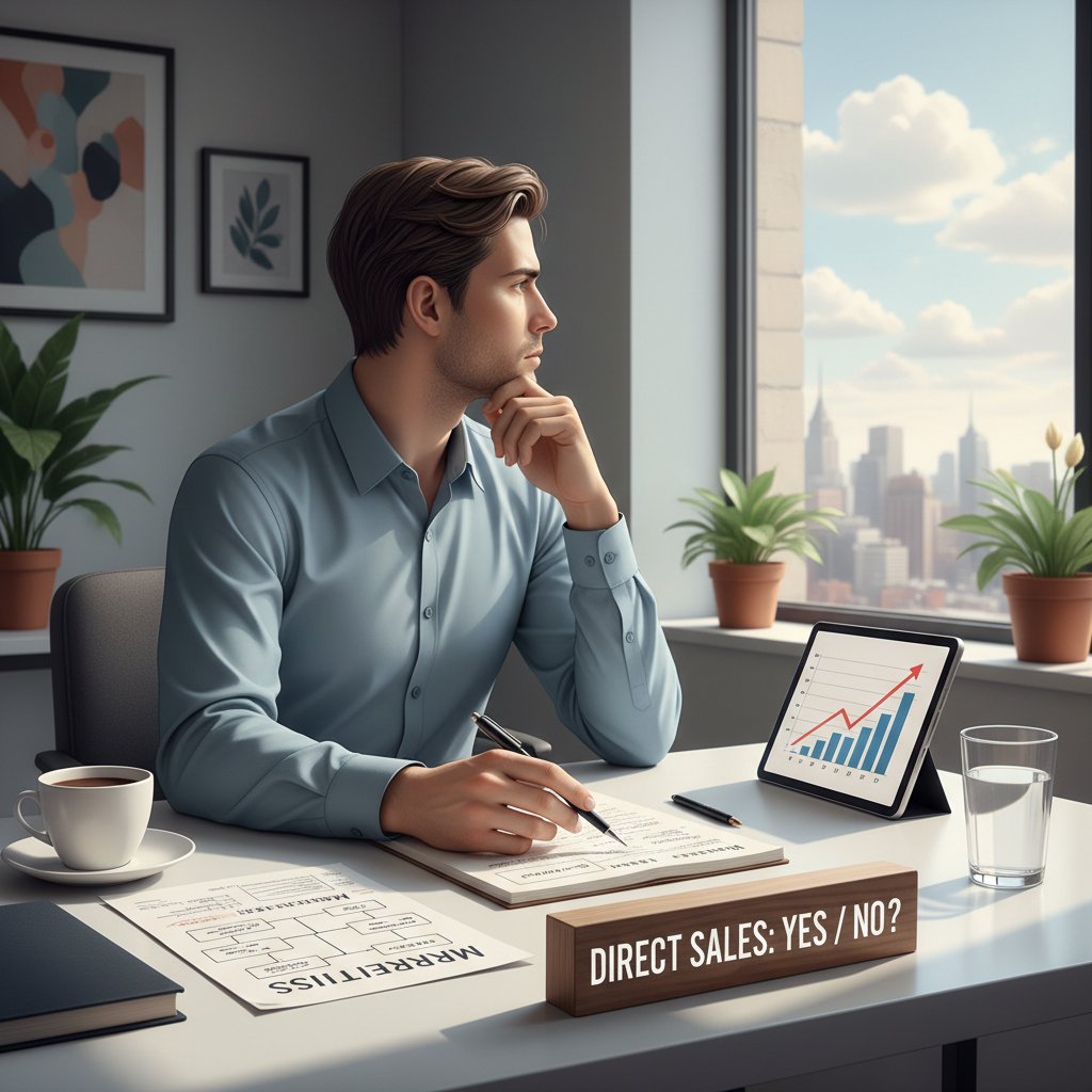 Pensive person contemplating a decision, self-reflection theme for direct sales suitability