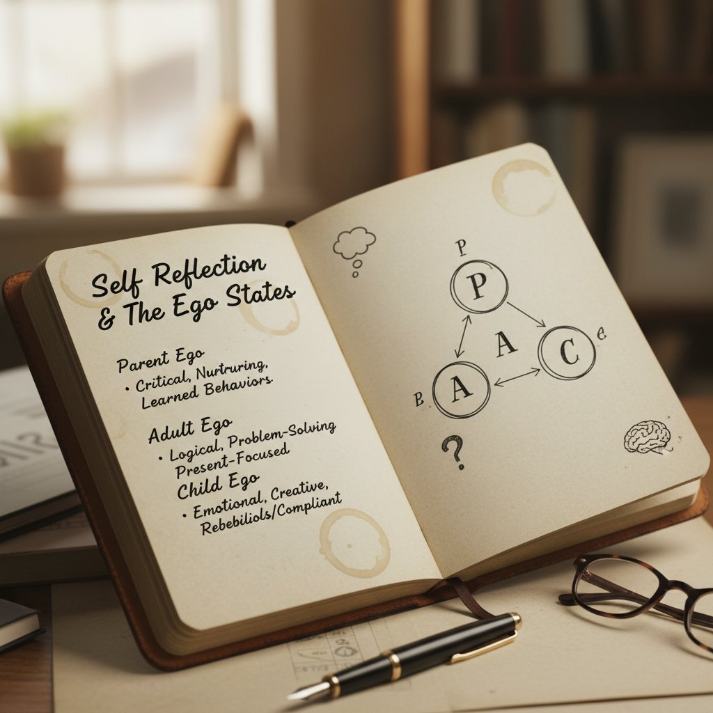 Osoba z notatnikiem analizująca własne reakcje, w tle symboliczne rysunki dziecka, dorosłego i rodzica