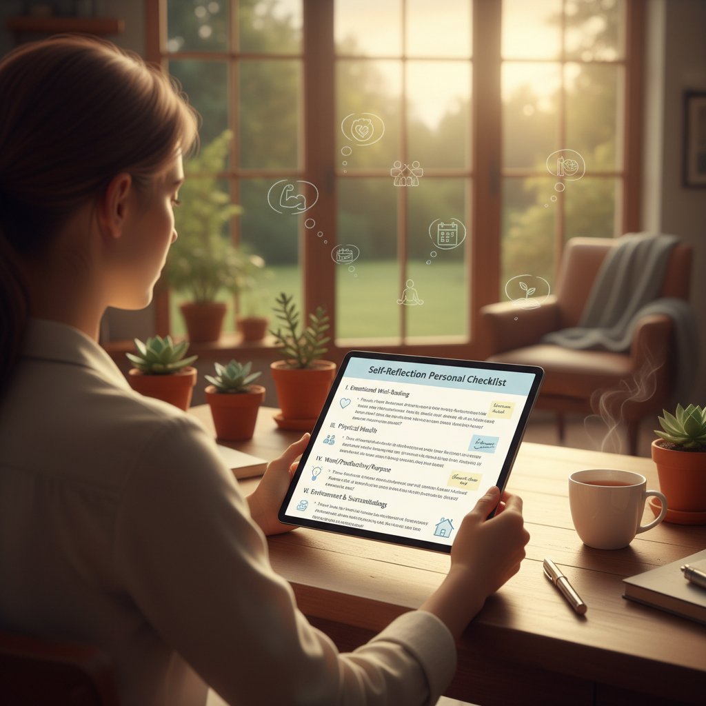 Osoba patrząca w lustro, trzymająca checklistę w ręku, symbol samoświadomości
