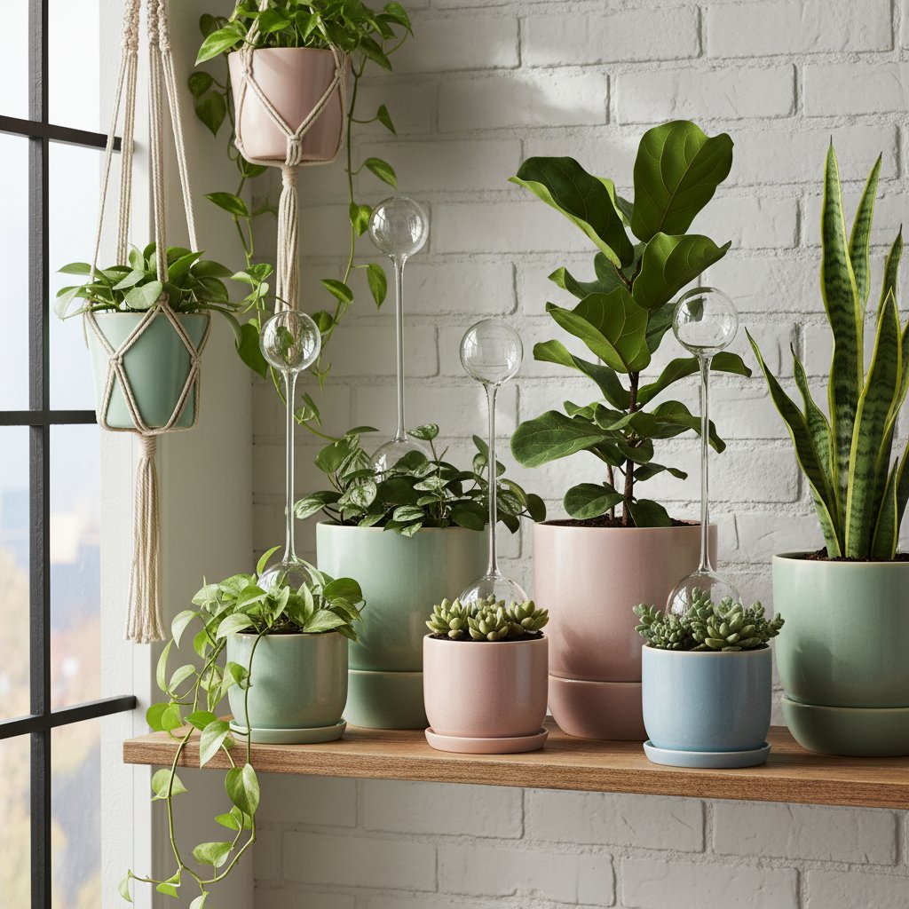 Doniczki z systemem automatycznego nawadniania, widoczne sznurki i szklane kule