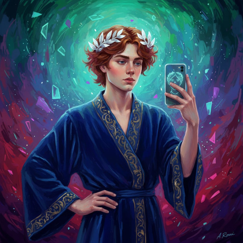 Osoba pozująca do selfie, które zamienia się w barwne cyfrowe malowidło – nowoczesny efekt malarski generowany przez AI