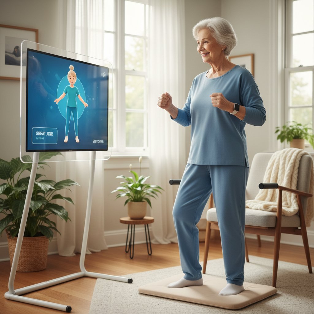 Senior ćwiczący z AI w domu, aplikacja fitness dla osób starszych, atmosfera bezpieczeństwa i komfortu