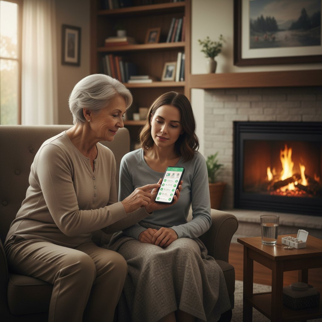 Senior trzymający smartfon z aplikacją, obok niego opiekunka i młodszy pacjent, domowa scena