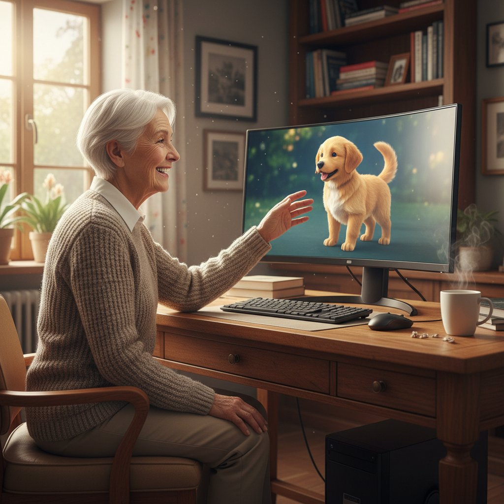 Senior przy ekranie komputera, uśmiechnięty, wirtualny pies pokazany na wyświetlaczu