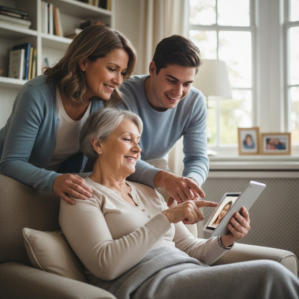 Seniorin meistert technische Hürde dank Unterstützung durch Angehörigen, Symbol für digitale Teilhabe