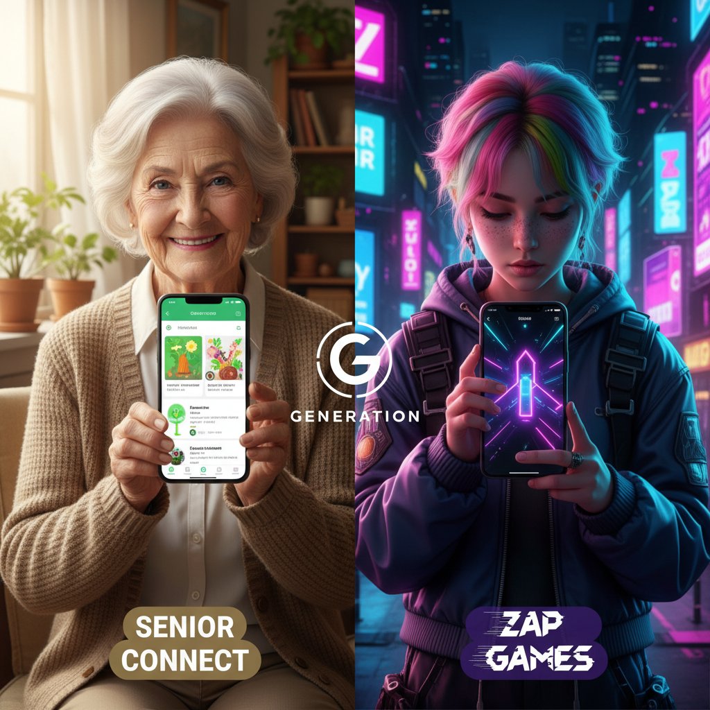 Senior korzystający z aplikacji mobilnej obok przedstawiciela pokolenia Z, kontrast stylów uczenia się