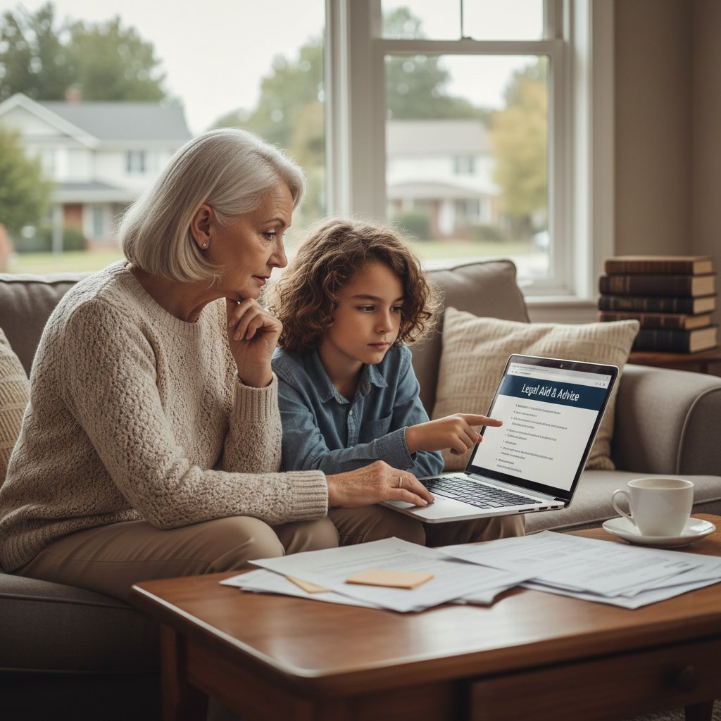 Starszy mężczyzna z wnuczką przed laptopem, poszukujący porady prawnej online