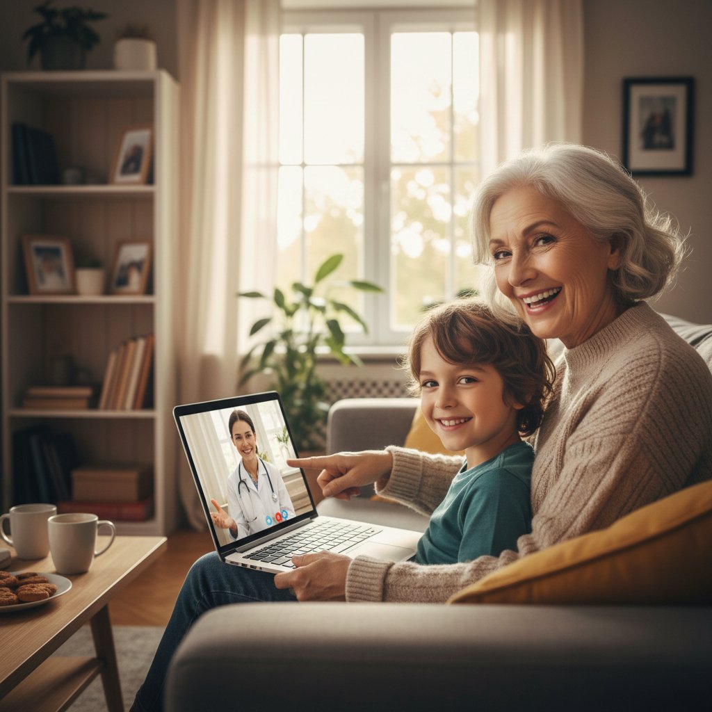 Osoba starsza z wnukiem przed laptopem podczas konsultacji online, domowa atmosfera, uśmiech