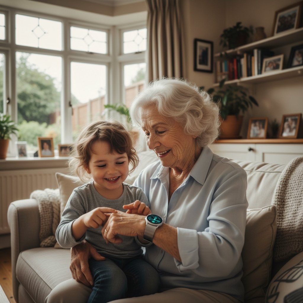 Senior z opaską zdrowotną na nadgarstku, spokojne otoczenie domowe, interakcja z wnukiem