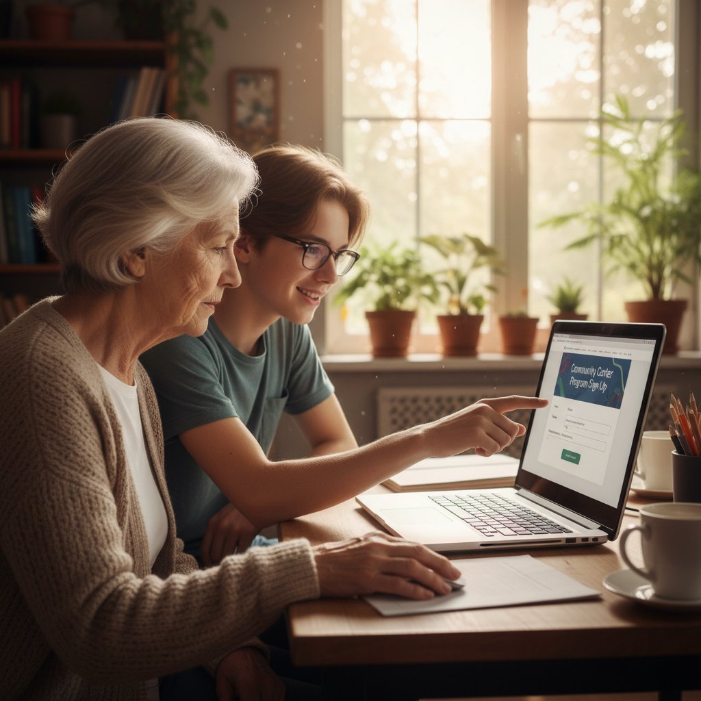 Senior korzystający z pomocy wnuka podczas rejestracji na konsultację online, domowa atmosfera, komputer