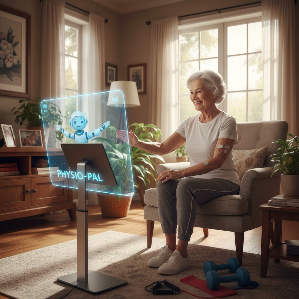 Senior korzystający z wirtualnego asystenta rehabilitacji w domowym zaciszu