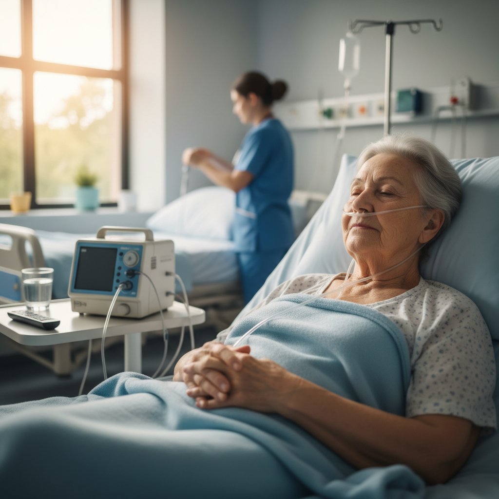 Senior w szpitalu podczas tlenoterapii, grupa ryzyka zapalenia oskrzelików