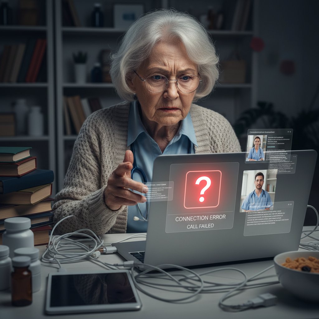 Senior korzystający z laptopa i napotykający trudności podczas e-wizyty u lekarza rodzinnego online