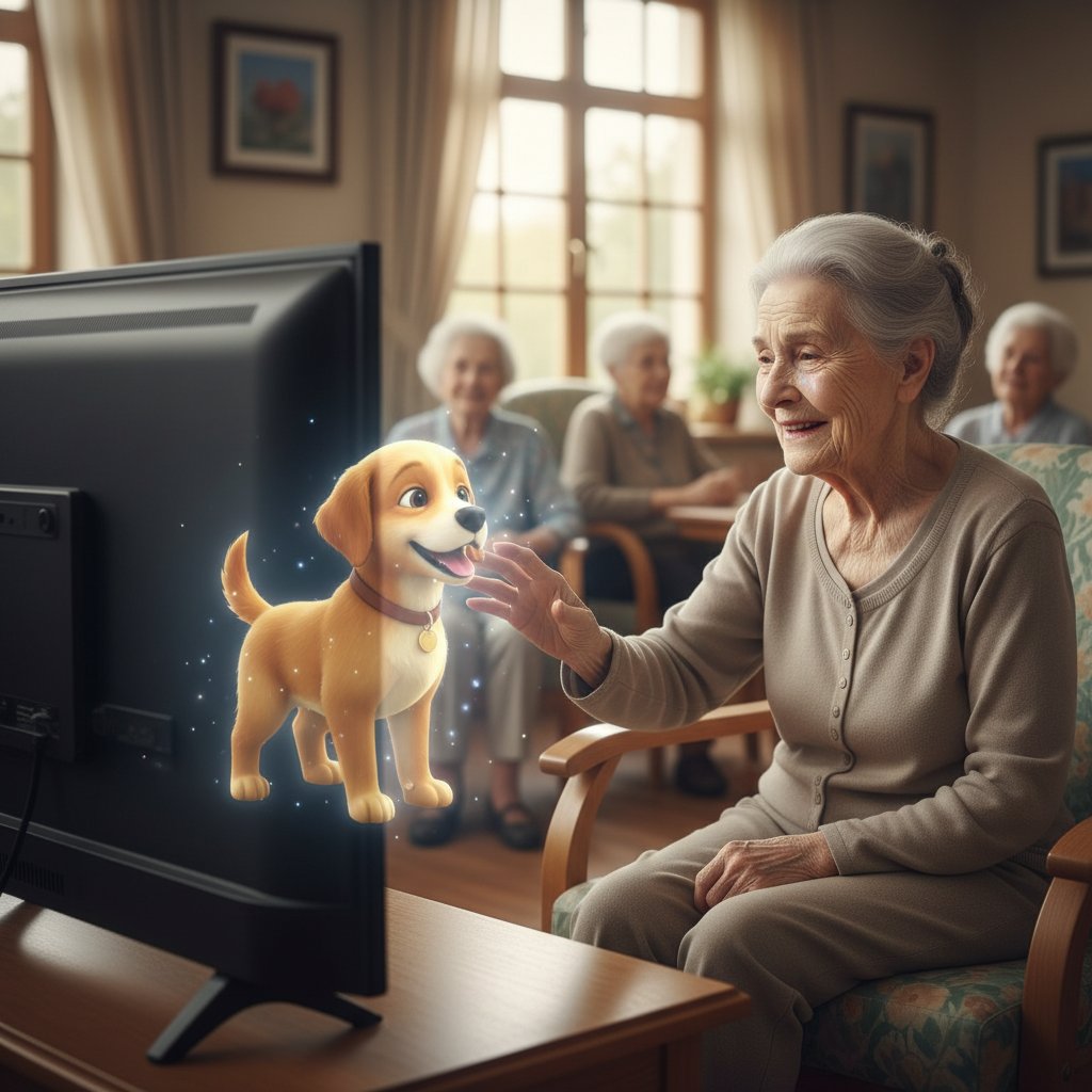 Seniorin in Pflegeheim mit virtuellem Hund auf Bildschirm, nachdenklicher Blick