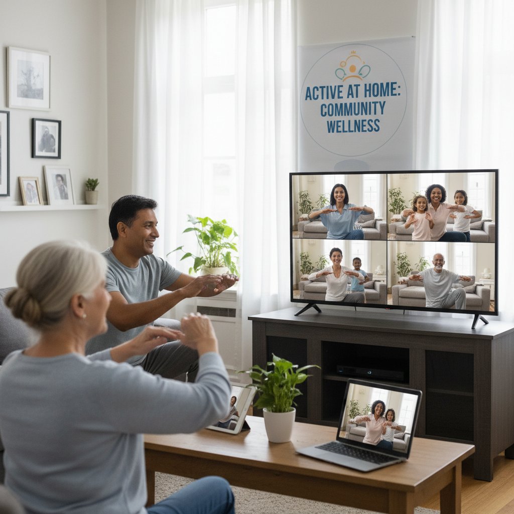 Senior ćwiczący z rodziną online przez wideo rozmowę, wnuki na ekranie, domowa atmosfera wspólnoty