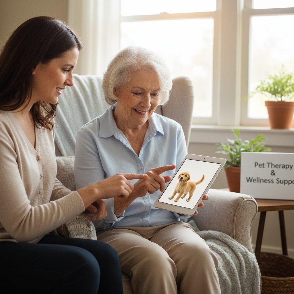 Senior grający z wirtualnym psem na tablecie, terapia i wsparcie emocjonalne