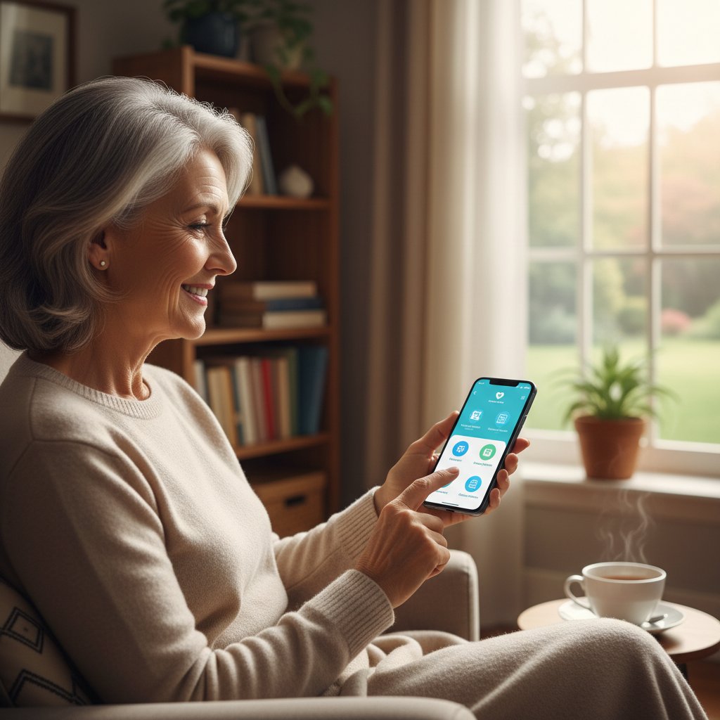 Senior korzystający z aplikacji zdrowotnej na smartfonie, wnętrze mieszkania, atmosfera troski