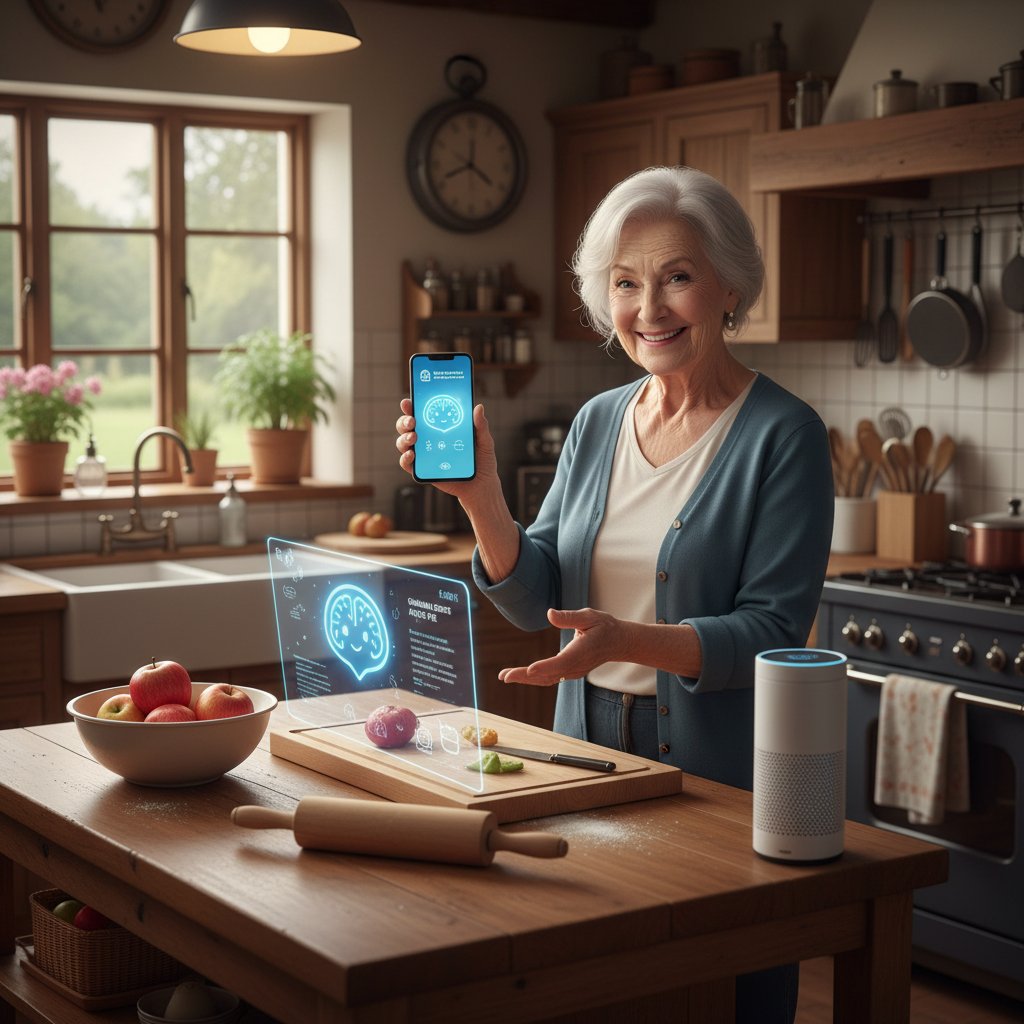 Starsza osoba z uśmiechem korzystająca z aplikacji AI przy kuchennym stole, domowe otoczenie