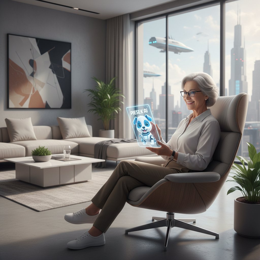 Senior uśmiechający się do ekranu z logo piesek.ai, nowoczesny pokój