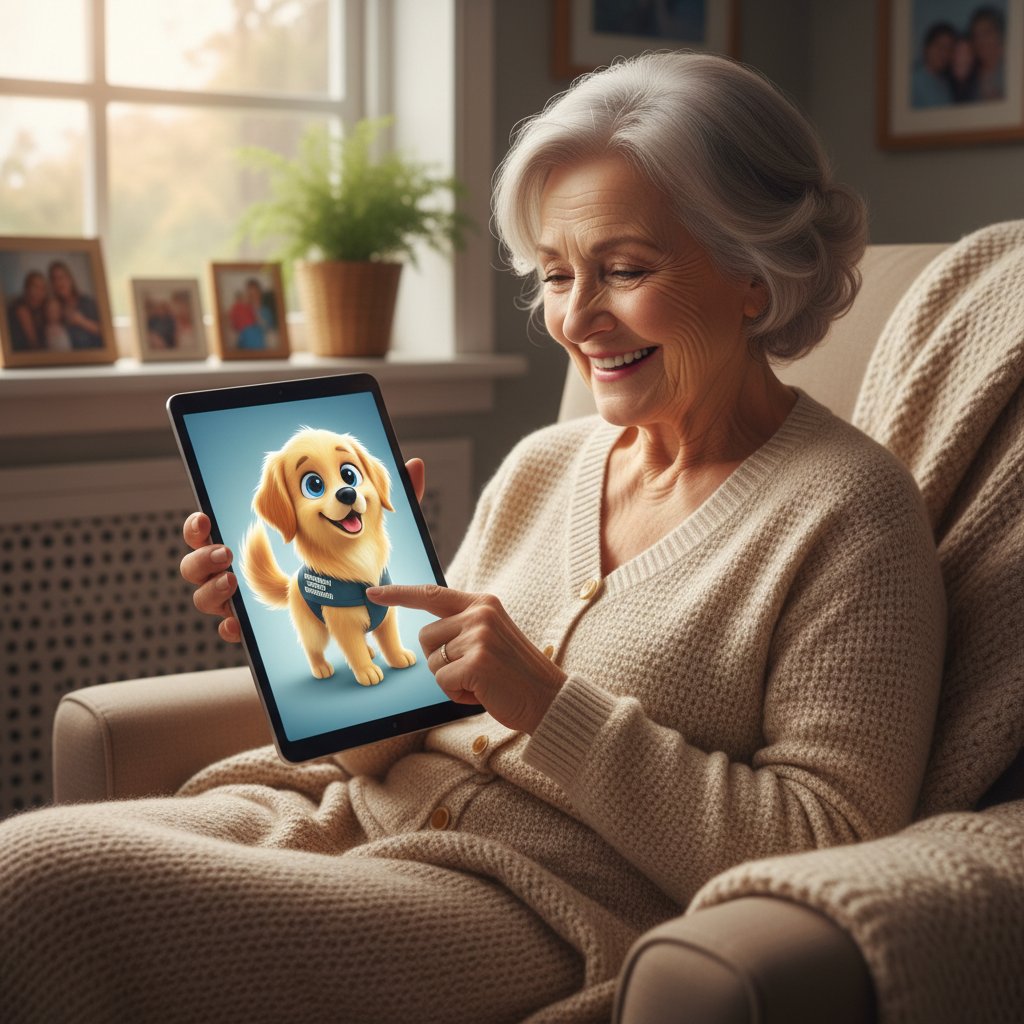 Starsza osoba uśmiechająca się do wirtualnego psa na ekranie tabletu – realny wpływ cyfrowego pupila na samopoczucie