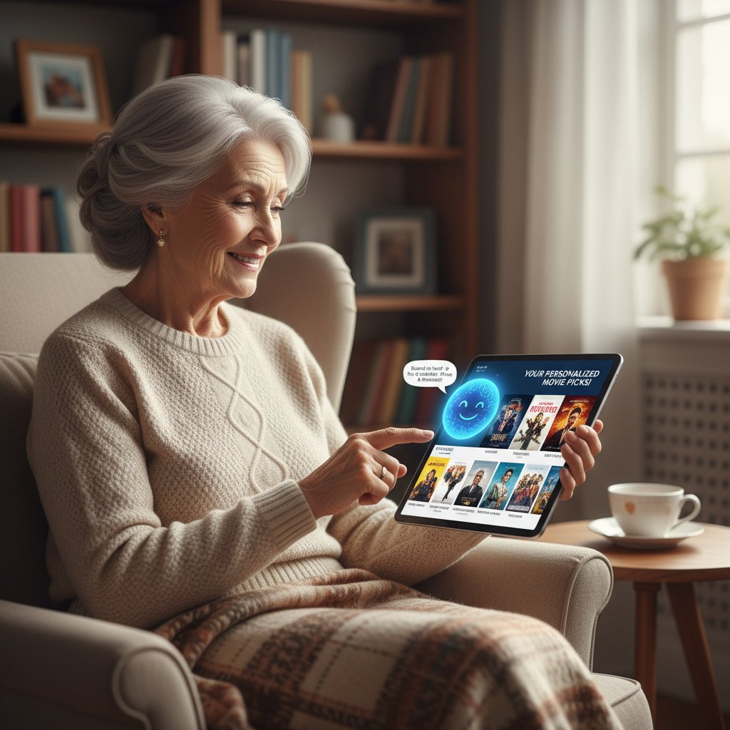 Senior navigating personalized film recommendations, tablet interface, AI-powered movie assistant, keywords personalized movies for seniors, technology