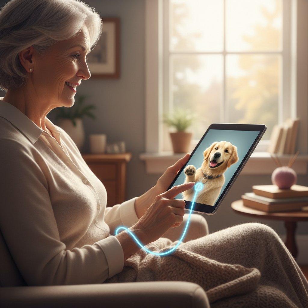 Zdjęcie starszej osoby rozmawiającej z wirtualnym psem na tablecie – ukazujące wsparcie dla seniorów