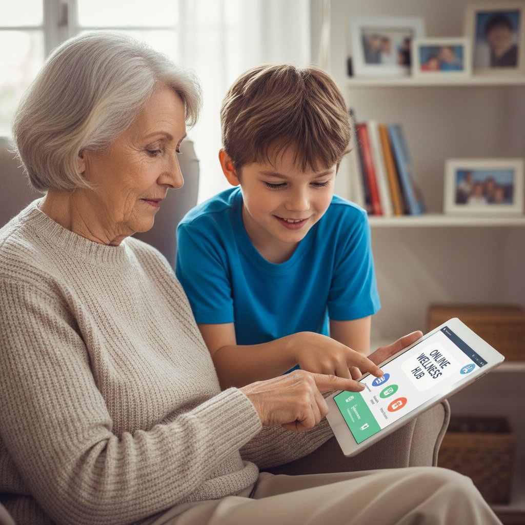 Senior korzystający z platformy zdrowia online na tablecie, wspierany przez wnuczka