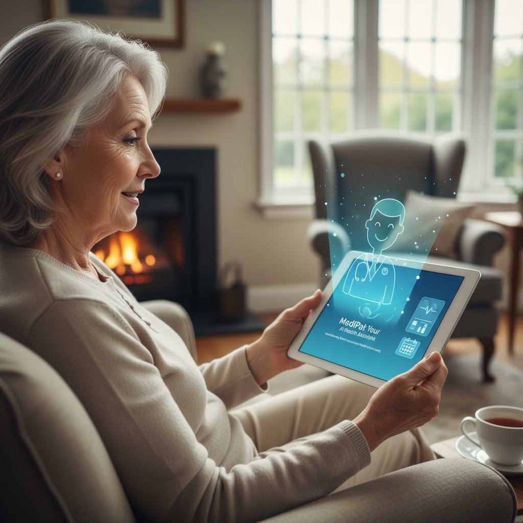 Senior korzystający z tabletu do obsługi asystenta zdrowotnego AI